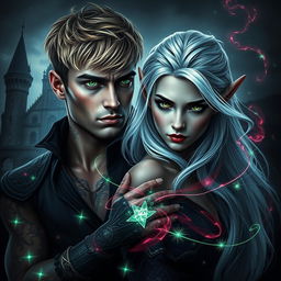 Dark romance cover featuring a photorealistic scene of a green-eyed male assassin with short blonde hair and intricate tattoos