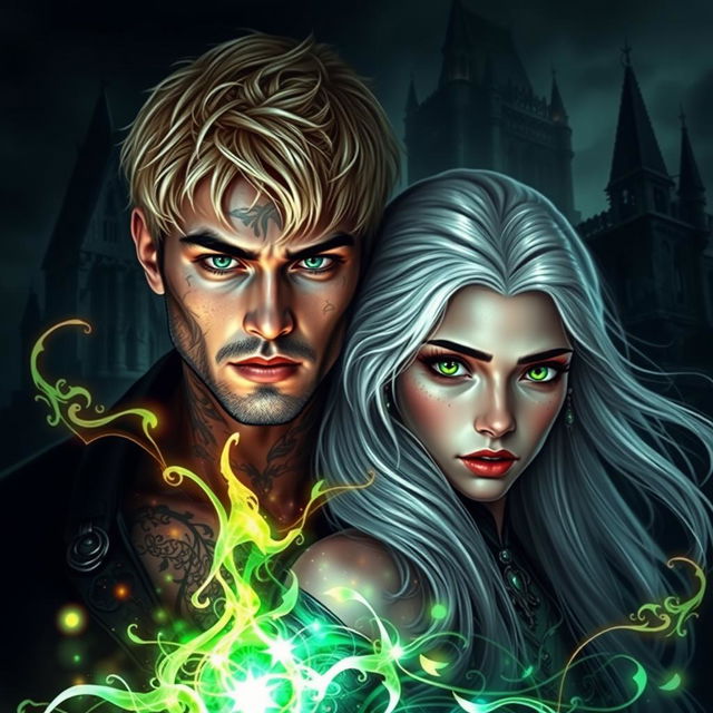 Dark romance cover featuring a photorealistic scene of a green-eyed male assassin with short blonde hair and intricate tattoos