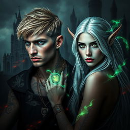 Dark romance cover featuring a photorealistic scene of a green-eyed male assassin with short blonde hair and intricate tattoos