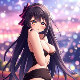 A beautiful and alluring anime girl with long flowing hair and captivating eyes, wearing a stylish and revealing outfit that accentuates her curves