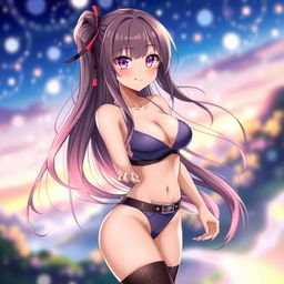 A beautiful and alluring anime girl with long flowing hair and captivating eyes, wearing a stylish and revealing outfit that accentuates her curves