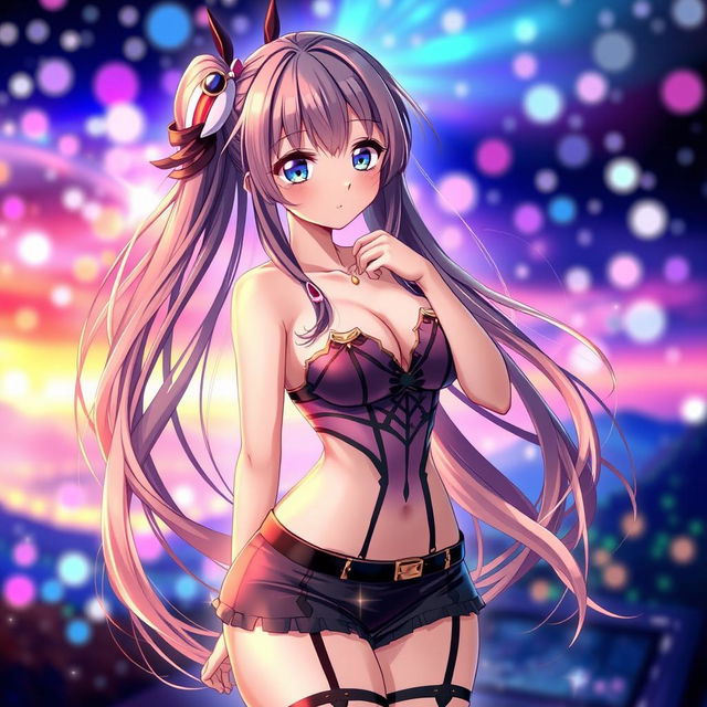 A beautiful and alluring anime girl with long flowing hair and captivating eyes, wearing a stylish and revealing outfit that accentuates her curves