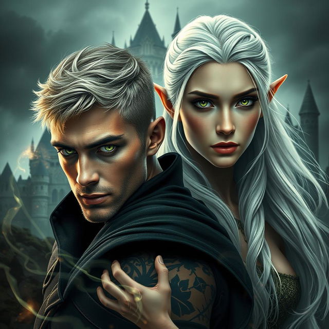 A visually stunning dark romance cover featuring a photorealistic portrayal of a green-eyed male assassin with short blonde hair and intricate tattoos