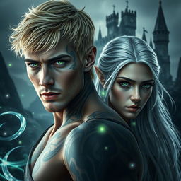 A visually stunning dark romance cover featuring a photorealistic portrayal of a green-eyed male assassin with short blonde hair and intricate tattoos