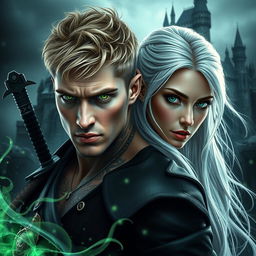 A visually stunning dark romance cover featuring a photorealistic portrayal of a green-eyed male assassin with short blonde hair and intricate tattoos