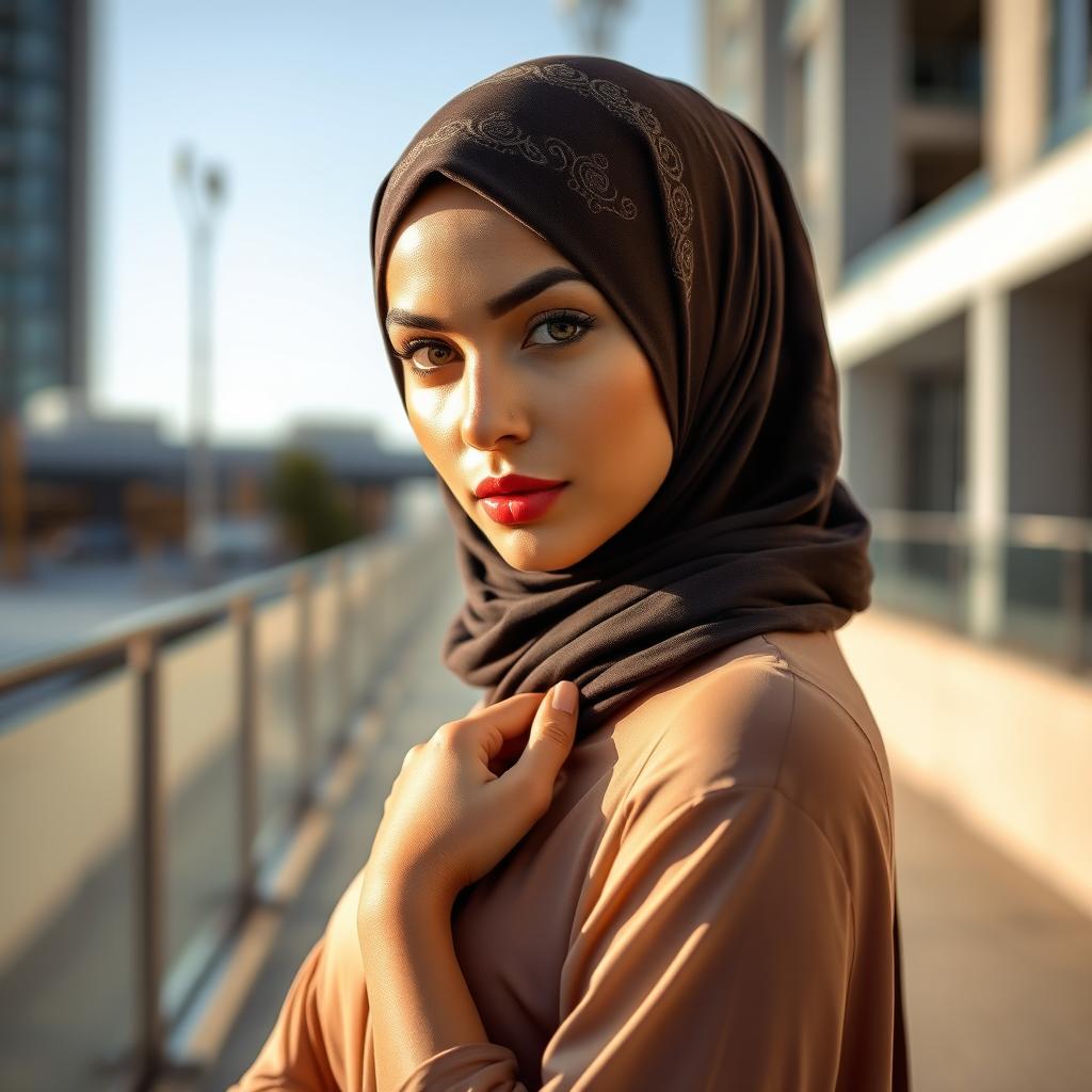 A sexy Muslim woman wearing a stylish hijab, with captivating eyes and a confident pose