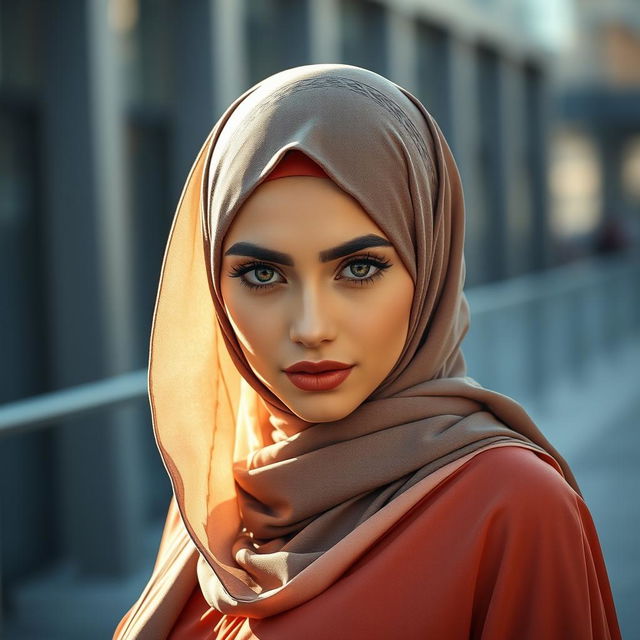 A sexy Muslim woman wearing a stylish hijab, with captivating eyes and a confident pose