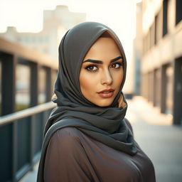 A sexy Muslim woman wearing a stylish hijab, with captivating eyes and a confident pose