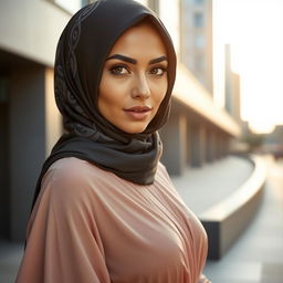 A sexy Muslim woman wearing a stylish hijab, with captivating eyes and a confident pose