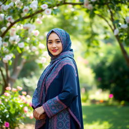 A woman wearing a beautiful hijab, standing confidently in an elegant pose