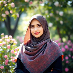 A woman wearing a beautiful hijab, standing confidently in an elegant pose