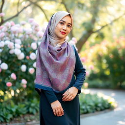 A woman wearing a beautiful hijab, standing confidently in an elegant pose