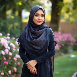 A woman wearing a beautiful hijab, standing confidently in an elegant pose