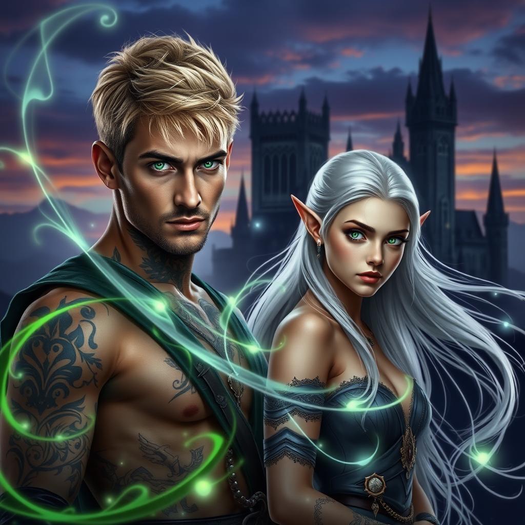 A visually stunning dark romance book cover featuring a photorealistic depiction of a green-eyed short blonde-haired male assassin adorned with intricate tattoos