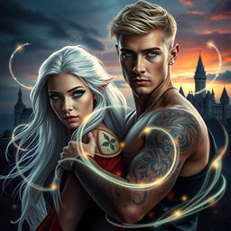 A visually stunning dark romance book cover featuring a photorealistic depiction of a green-eyed short blonde-haired male assassin adorned with intricate tattoos