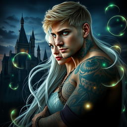 A visually stunning dark romance book cover featuring a photorealistic depiction of a green-eyed short blonde-haired male assassin adorned with intricate tattoos