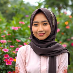 A young Indonesian woman wearing a hijab, depicted in a respectful and culturally appropriate manner, focusing on her beautiful features and traditional attire in a serene outdoor setting filled with lush greenery and vibrant flowers