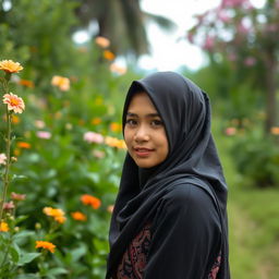 A young Indonesian woman wearing a hijab, depicted in a respectful and culturally appropriate manner, focusing on her beautiful features and traditional attire in a serene outdoor setting filled with lush greenery and vibrant flowers