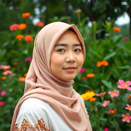 A young Indonesian woman wearing a hijab, depicted in a respectful and culturally appropriate manner, focusing on her beautiful features and traditional attire in a serene outdoor setting filled with lush greenery and vibrant flowers