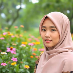 A young Indonesian woman wearing a hijab, depicted in a respectful and culturally appropriate manner, focusing on her beautiful features and traditional attire in a serene outdoor setting filled with lush greenery and vibrant flowers