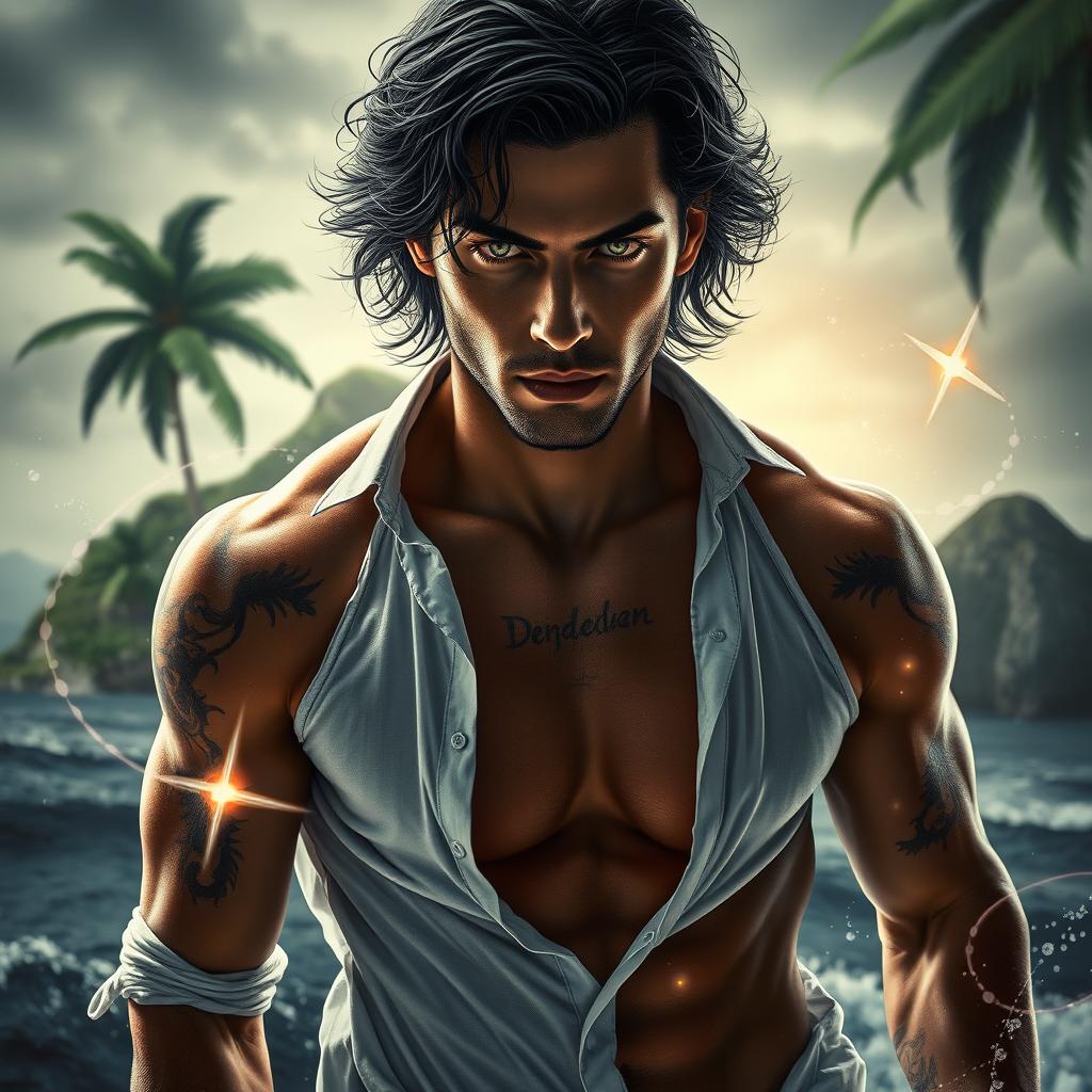 A visually stunning dark fantasy book cover featuring a photorealistic depiction of a man with grey eyes and dark wavy hair