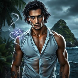 A visually stunning dark fantasy book cover featuring a photorealistic depiction of a man with grey eyes and dark wavy hair