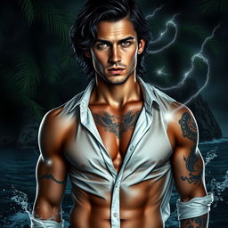 A visually stunning dark fantasy book cover featuring a photorealistic depiction of a man with grey eyes and dark wavy hair