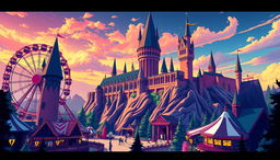 Create a vibrant and dynamic thumbnail featuring a theme park set in the magical world of Harry Potter