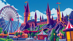 Create a vibrant and dynamic thumbnail featuring a theme park set in the magical world of Harry Potter