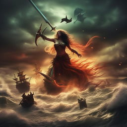 A vibrant book cover featuring a fierce pirate battle against majestic mermaids in a raging sea under a dramatic sky.