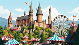 Create a vibrant and dynamic thumbnail featuring a theme park set in the magical world of Harry Potter