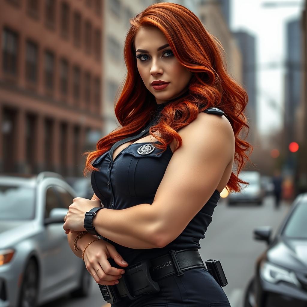 A seductive redhead police officer with a voluptuous, curvy figure striking a confident pose