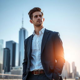 A 28-year-old man with a thoughtful expression, standing in a modern urban environment