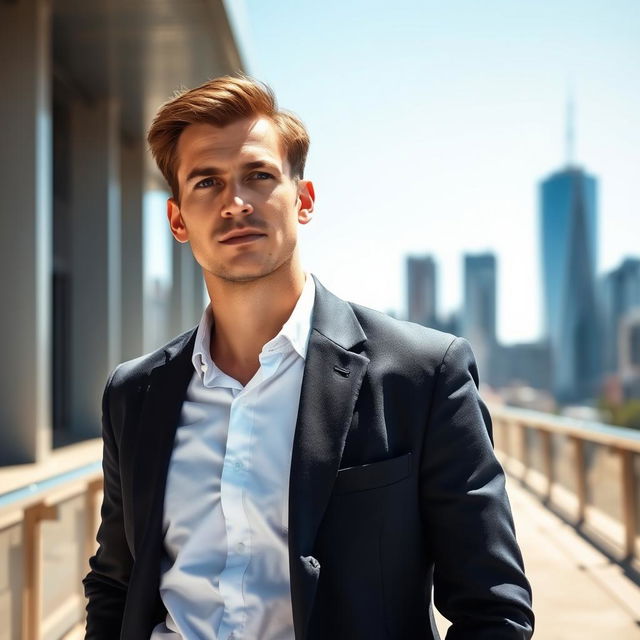 A 28-year-old man with a thoughtful expression, standing in a modern urban environment