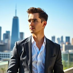 A 28-year-old man with a thoughtful expression, standing in a modern urban environment