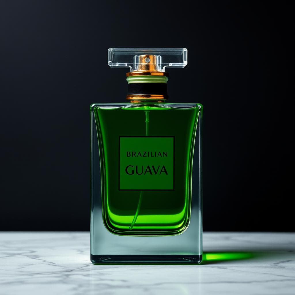 A luxurious glass bottle of Brazilian Guava perfume, elegantly designed with a sleek and modern aesthetic