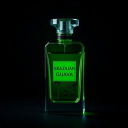 A luxurious glass bottle of Brazilian Guava perfume, elegantly designed with a sleek and modern aesthetic