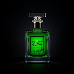 A luxurious glass bottle of Brazilian Guava perfume, elegantly designed with a sleek and modern aesthetic