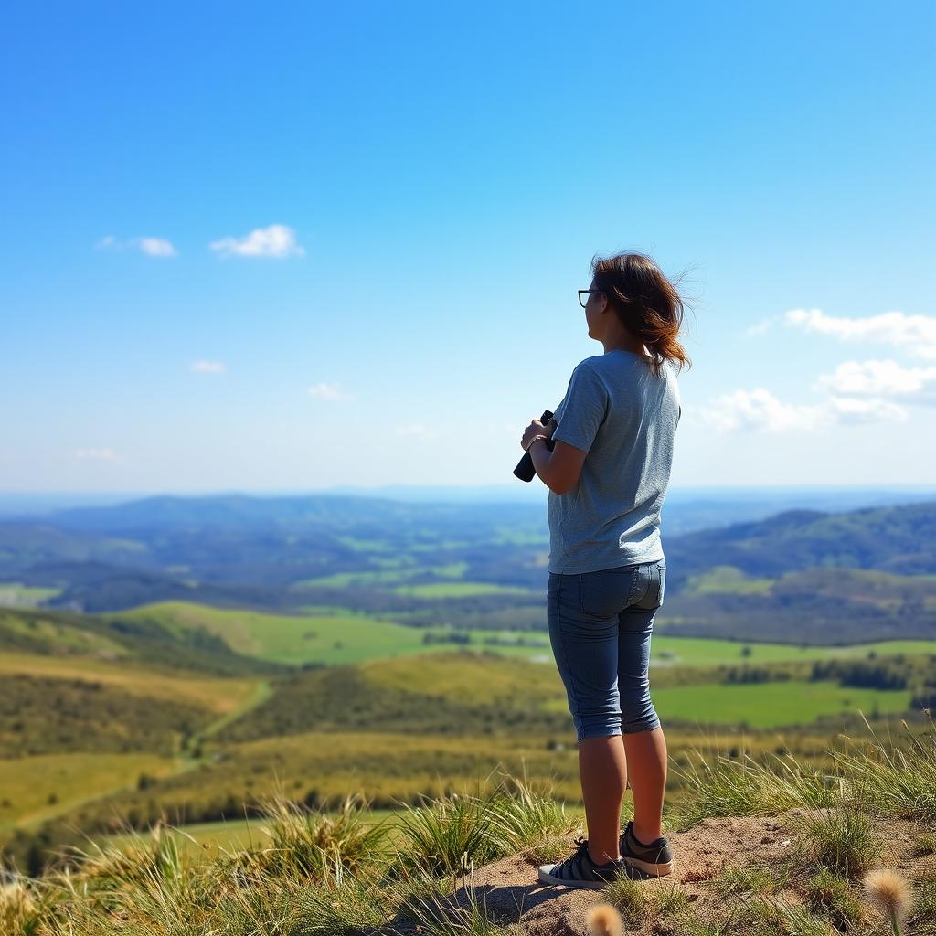 A person standing on a hill, looking at a vast landscape