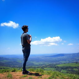 A person standing on a hill, looking at a vast landscape