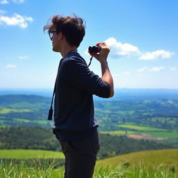 A person standing on a hill, looking at a vast landscape