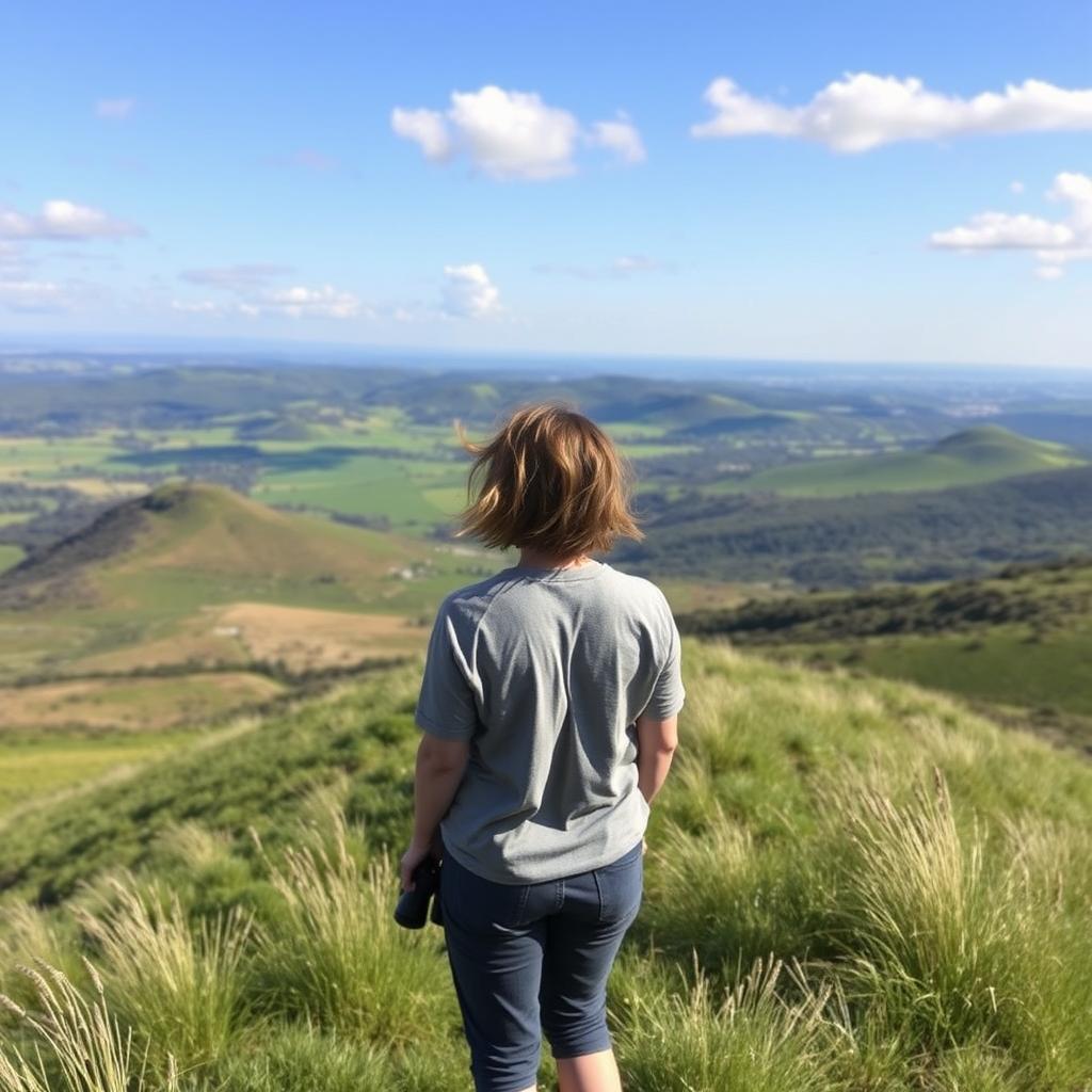 A person standing on a hill, looking at a vast landscape