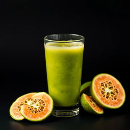 A glass filled with fresh Brazilian guava juice, displaying its vibrant tropical green color