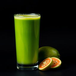 A glass filled with fresh Brazilian guava juice, displaying its vibrant tropical green color