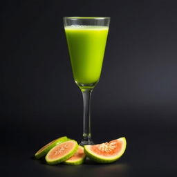 A glass filled with fresh Brazilian guava juice, displaying its vibrant tropical green color