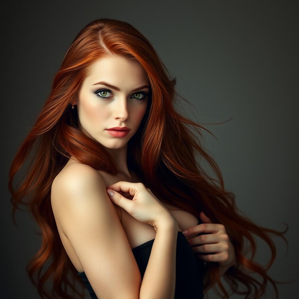 A beautiful redhead woman with long flowing hair, posing confidently