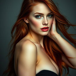 A beautiful redhead woman with long flowing hair, posing confidently