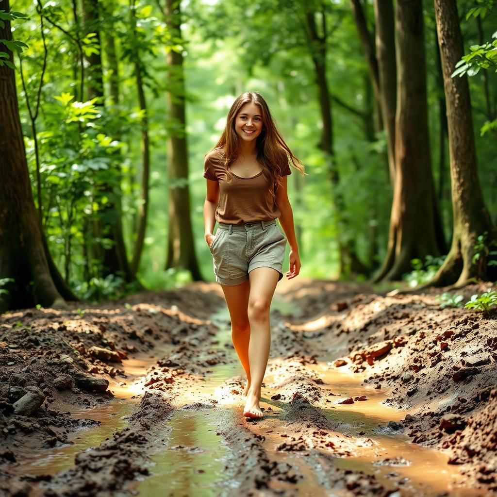 A young woman walking barefoot through a lush, muddy forest path