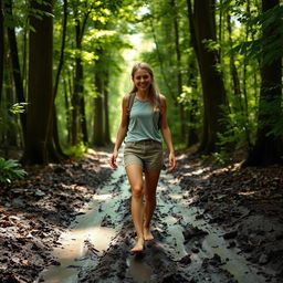 A young woman walking barefoot through a lush, muddy forest path