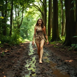 A young woman walking barefoot through a lush, muddy forest path